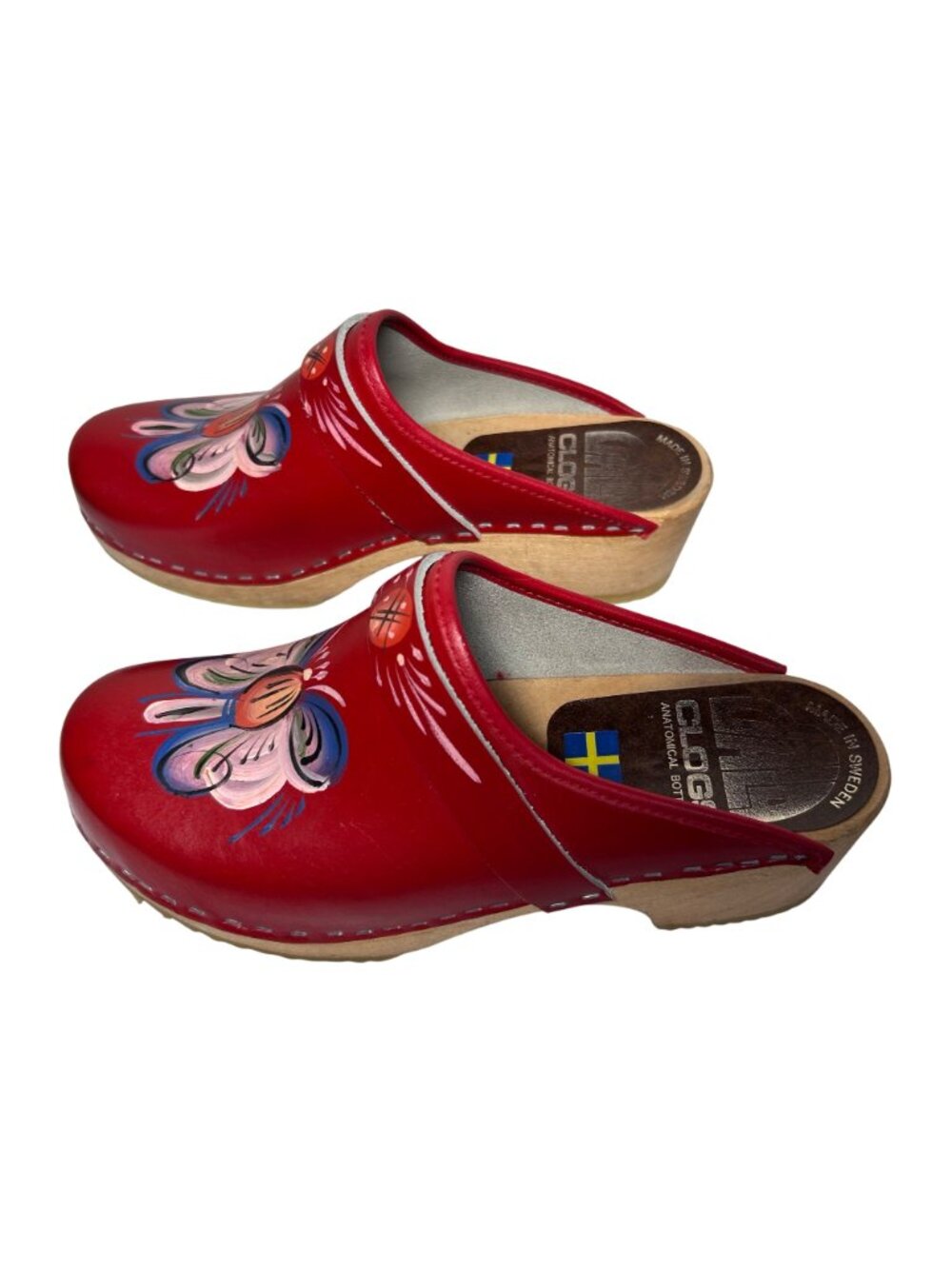 Hand-Painted Swedish Clogs Red Leather With Floral Design Size 7 By Dala Clogs - Picture 3 of 12
